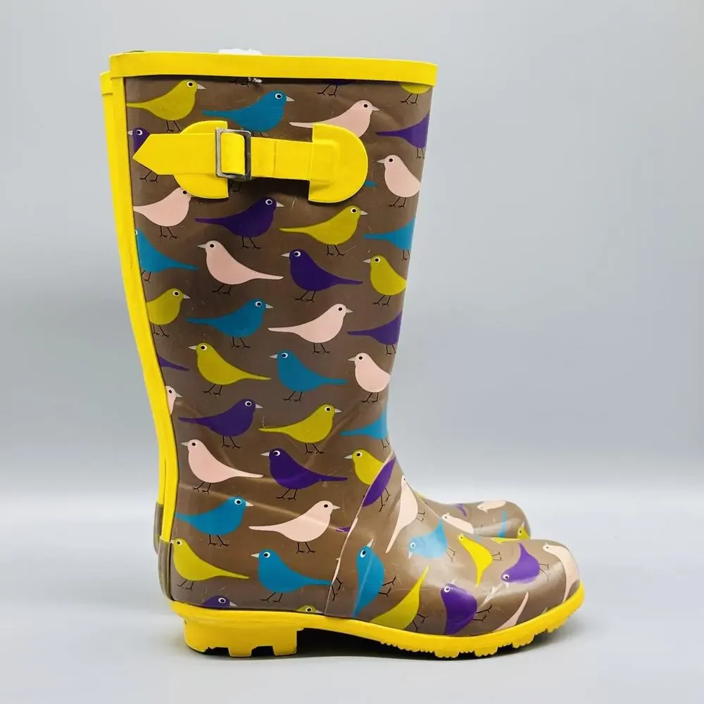 Mini Boden Boots Youth Girls 3‎ Yellow Brown Rain Bird Print Rubber Tall